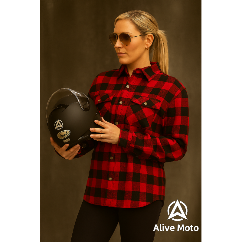 Women’s Red/Black Flannel Motorcycle Shirt with DuPont™ Kevlar® – CE Certified EN 17092-4:2020 – Armoured, Water-Repellent, All-Weather Riding Shirt (XXS–6XL)
