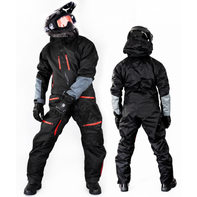 "High-Performance Snowmobile Suit: Front and Back View"