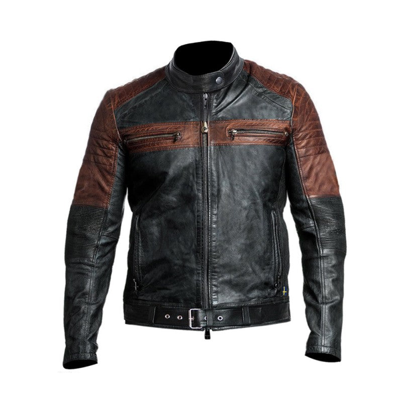 Ghost Dual Motorcycle Leather Jacket – CE Level-2 Armored, Kevlar Reinforced, Vintage Brown & Black Cowhide
