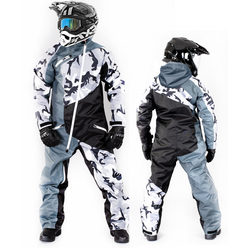 Arctic Camo Storm: High-Performance Snowmobile Suit – White & Grey Edition