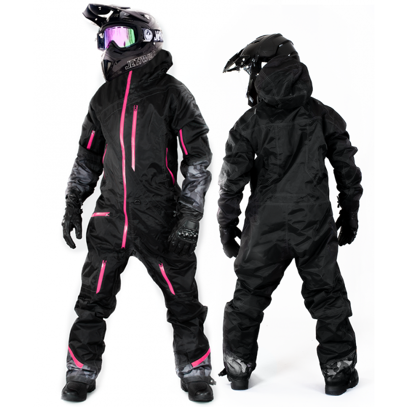 "JetWear Aurora Women's Snowmobile Suit – All-Weather One-Piece with Black Design and Bold Pink Accents for Winter Riding"