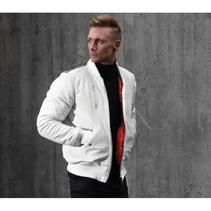 Premium Bomber White Leather Jacket – Full Grain Lambskin, Shearling Collar, Rib-Knit Cuffs & Hem, Front Zipper, Winter Aviator Style