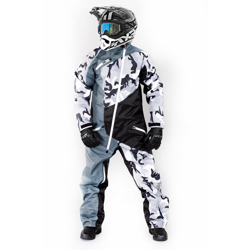 Arctic Camo Storm: High-Performance Snowmobile Suit – White & Grey Edition