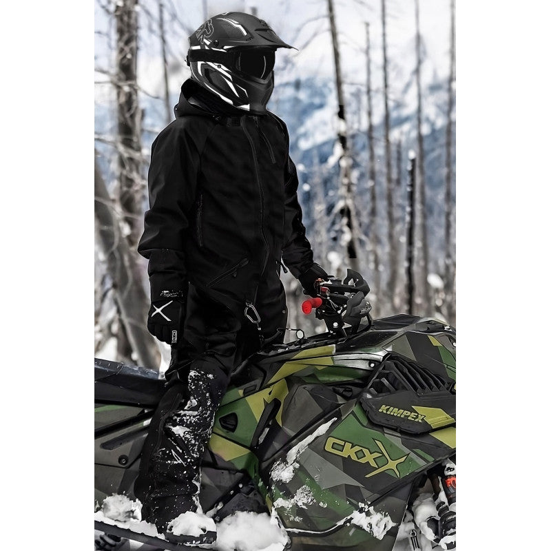 "JetWear Stealth One-Piece Snowmobile Suit – All-Black Performance Gear for Extreme Winter Riding