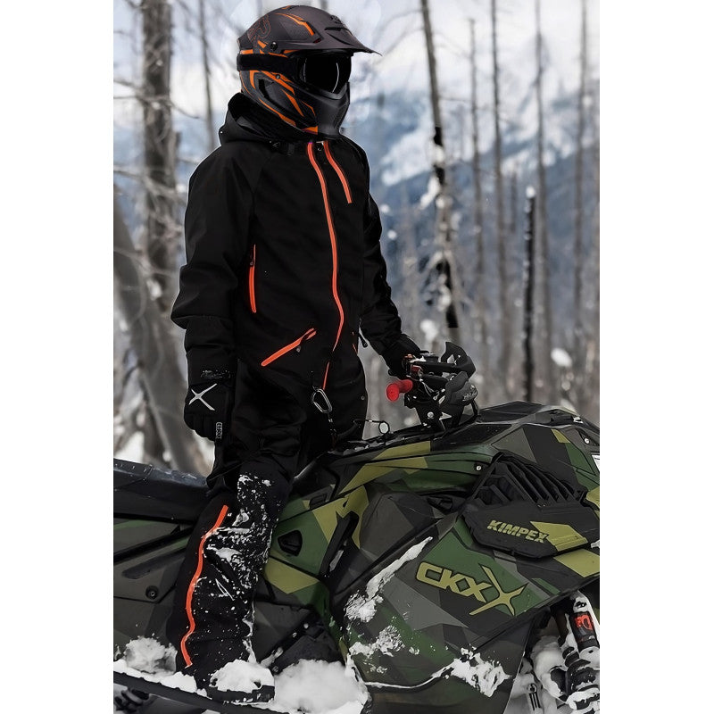 All-Weather Black Snowmobile One-Piece Suit with Orange Accents & Protective Helmet Gear"