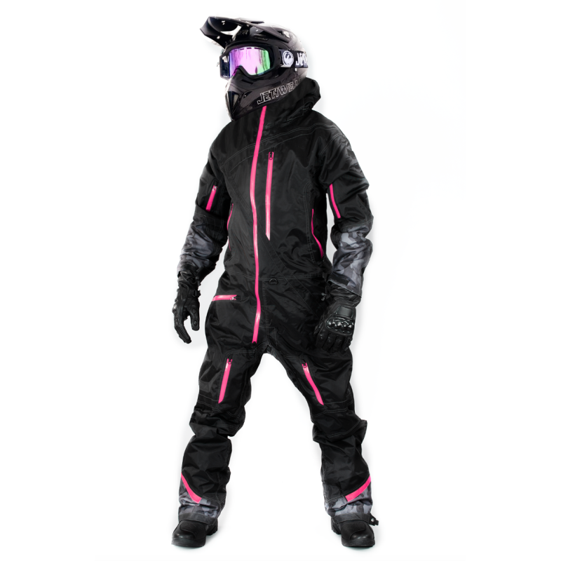 "JetWear Aurora Women's Snowmobile Suit – All-Weather One-Piece with Black Design and Bold Pink Accents for Winter Riding"