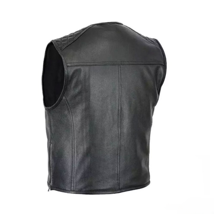 Men's Black Leather Biker Vest – Quilted Shoulders, Zipper Pockets, Sleeveless Motorcycle Style