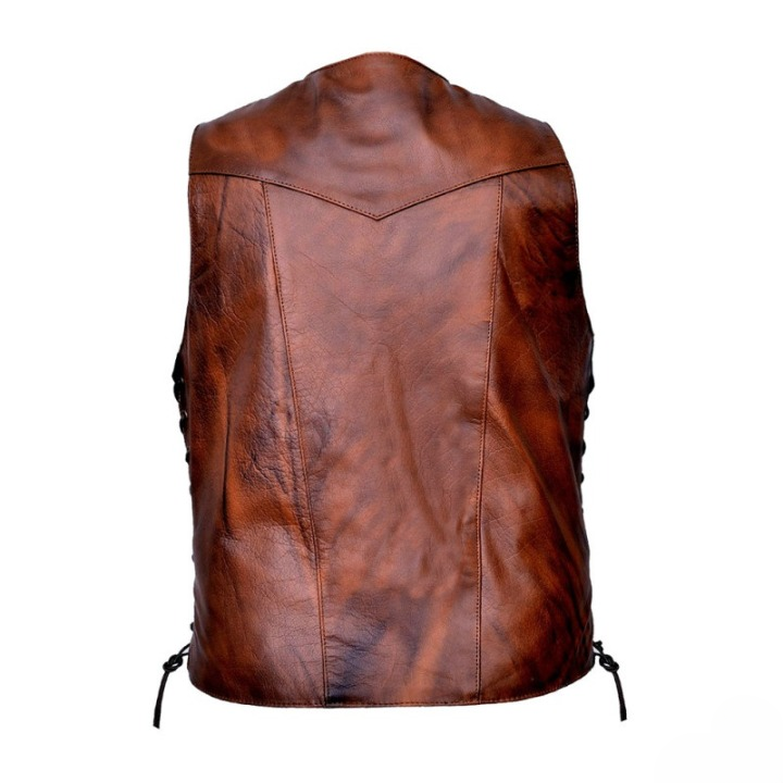 Men's Vintage Brown Leather Biker Vest – Western Style with Side Laces