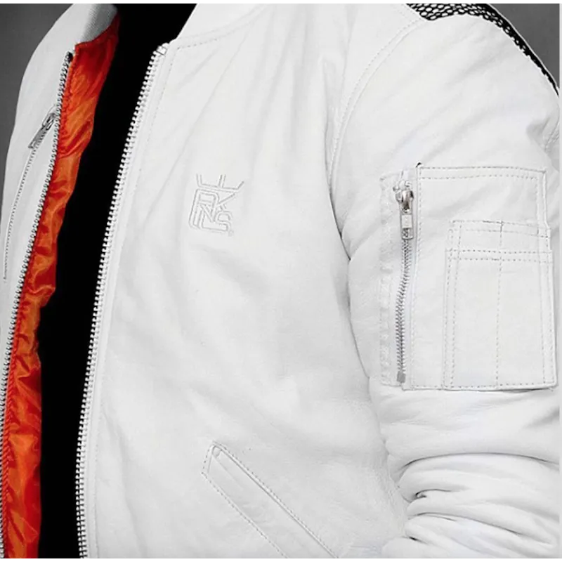 Premium Bomber White Leather Jacket – Full Grain Lambskin, Shearling Collar, Rib-Knit Cuffs & Hem, Front Zipper, Winter Aviator Style