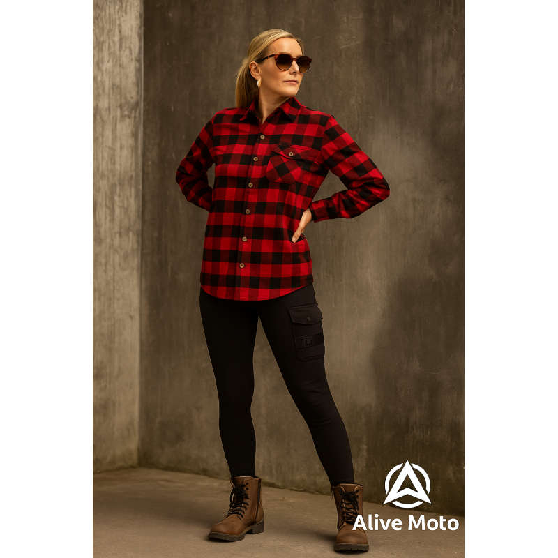 Women’s Red/Black Flannel Motorcycle Shirt with DuPont™ Kevlar® – CE Certified EN 17092-4:2020 – Armoured, Water-Repellent, All-Weather Riding Shirt (XXS–6XL)