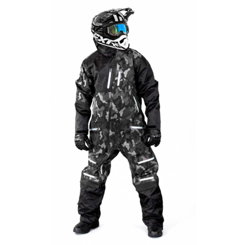 "All-Terrain Stealth: High-Performance Snowmobile Suit in Camo Black"