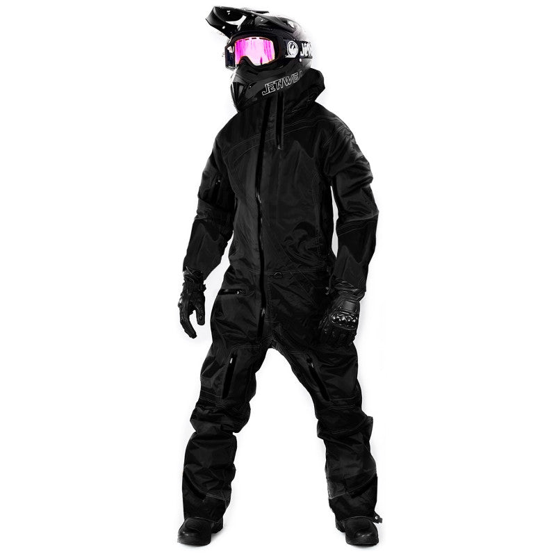 "JetWear Stealth One-Piece Snowmobile Suit – All-Black Performance Gear for Extreme Winter Riding