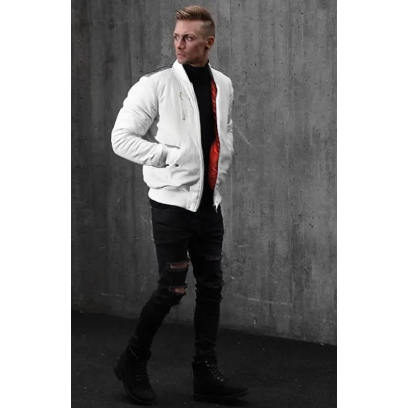 Premium Bomber White Leather Jacket – Full Grain Lambskin, Shearling Collar, Rib-Knit Cuffs & Hem, Front Zipper, Winter Aviator Style