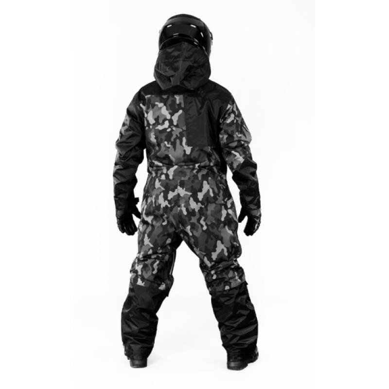 "All-Terrain Stealth: High-Performance Snowmobile Suit in Camo Black"