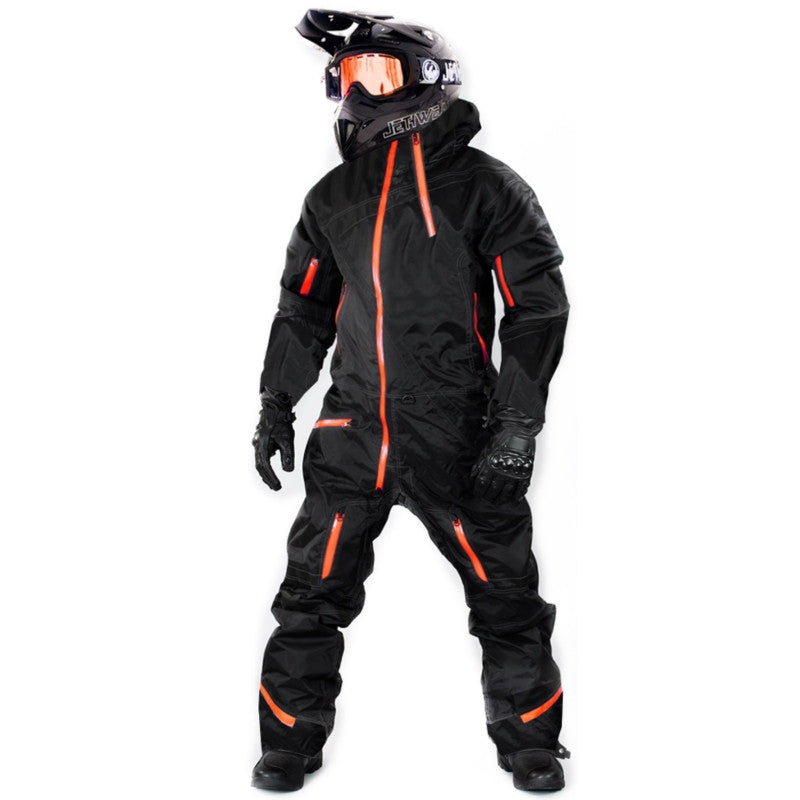 All-Weather Black Snowmobile One-Piece Suit with Orange Accents & Protective Helmet Gear"