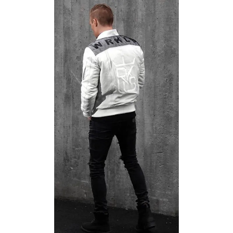 Premium Bomber White Leather Jacket – Full Grain Lambskin, Shearling Collar, Rib-Knit Cuffs & Hem, Front Zipper, Winter Aviator Style