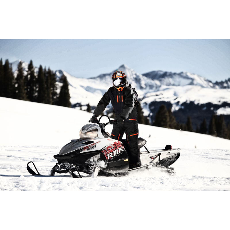 "High-Performance Snowmobile Suit: Front and Back View"