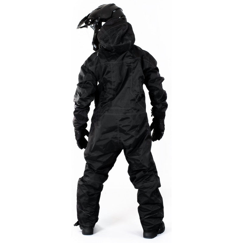 All-Weather Black Snowmobile One-Piece Suit with Orange Accents & Protective Helmet Gear"