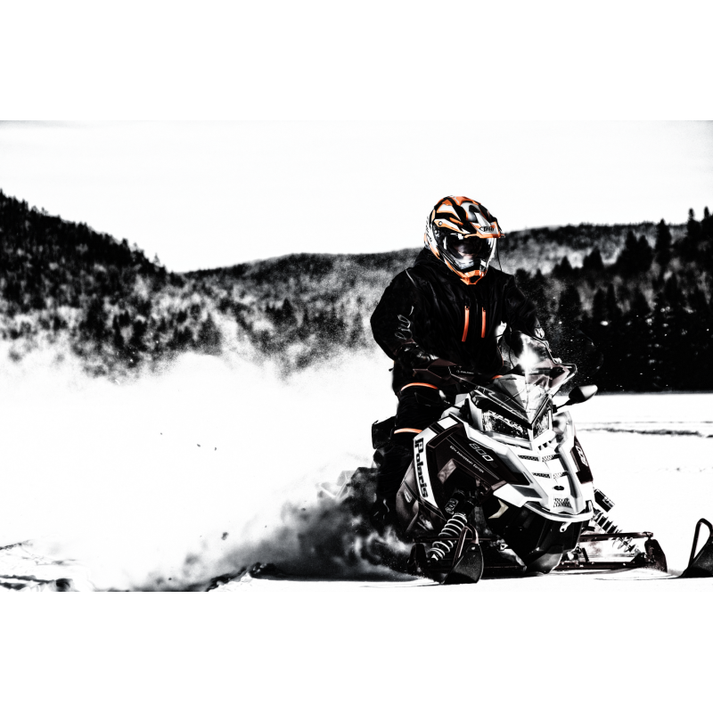 "High-Performance Snowmobile Suit: Front and Back View"