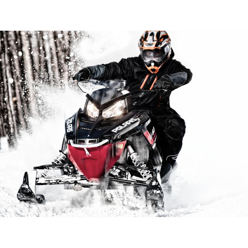 "High-Performance Snowmobile Suit: Front and Back View"