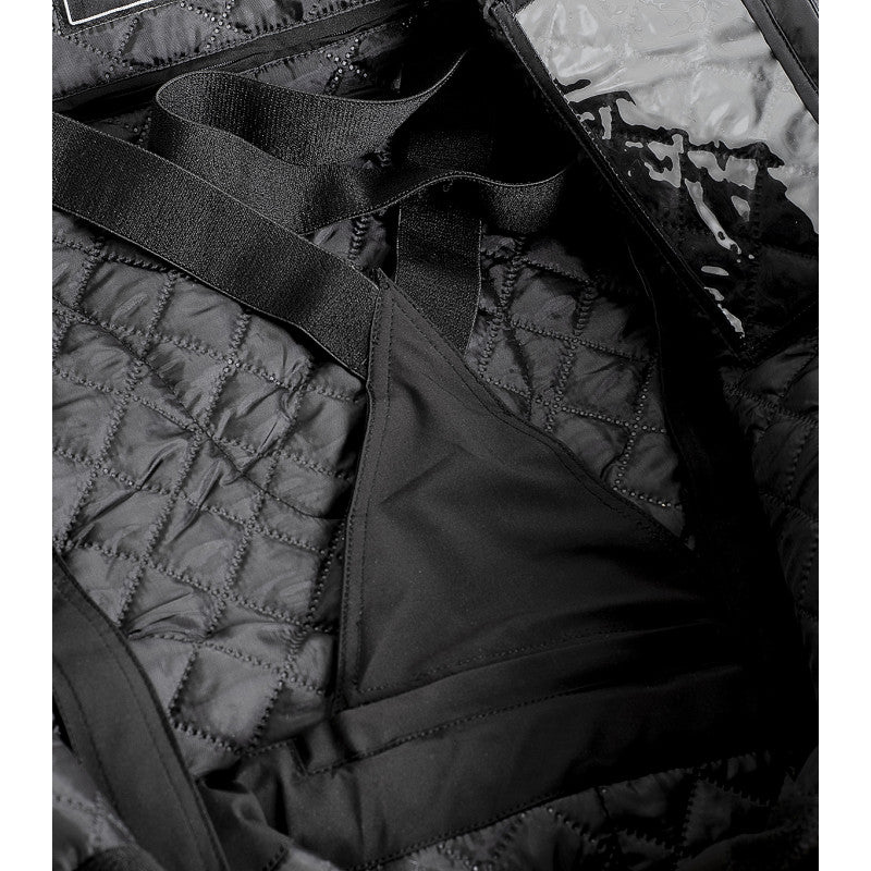 All-Weather Black Snowmobile One-Piece Suit with Orange Accents & Protective Helmet Gear"