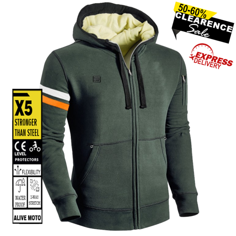 Men’s Army Green Motorcycle Armour Hoodie with DuPont™ Kevlar® – CE Certified EN 17092:2020 – XXS to 6XL