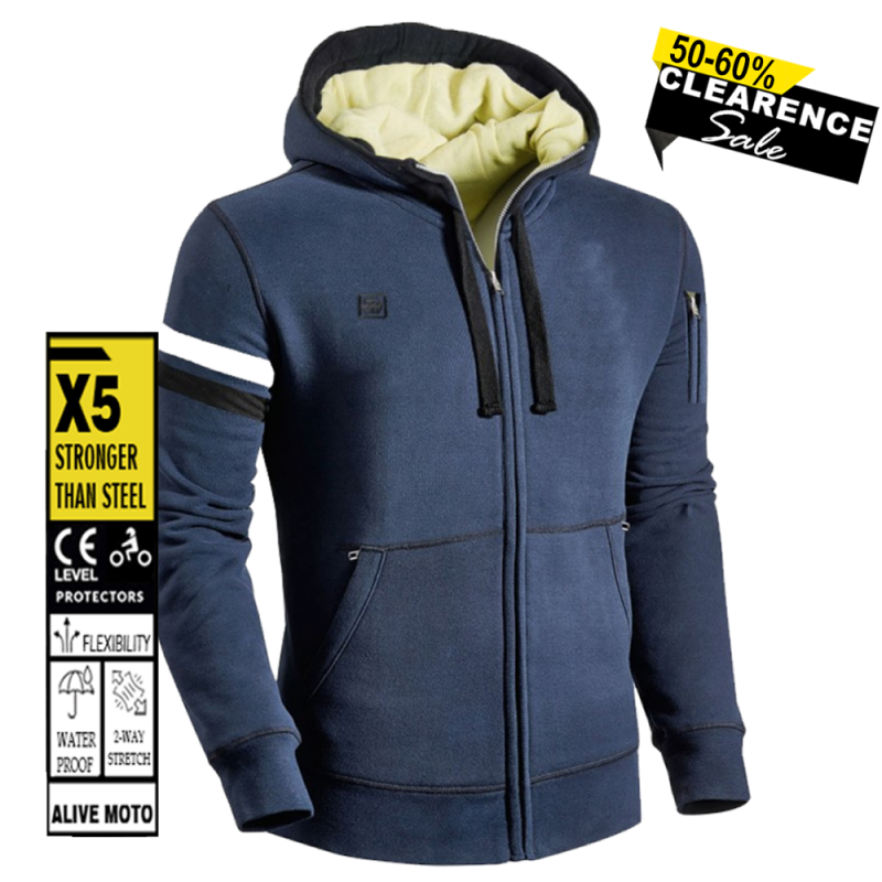 Men’s Navy Blue Motorcycle Armour Hoodie with DuPont™ Kevlar® – CE Certified EN 17092:2020 – XXS to 6XL