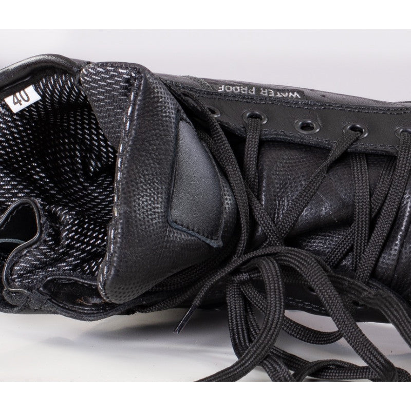 Blacktide Level-2 CE Waterproof Riding Sneakers with premium leather, breathable membrane, reinforced anti-slip sole, adjustable calf strap, and zipper closure for Unisex