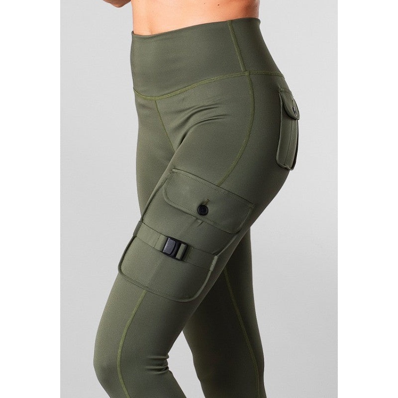 SHAPELAB Cargo Green Casual Tights – High Waist, 4-Way Stretch, Antimicrobial Women’s Leggings with Pockets