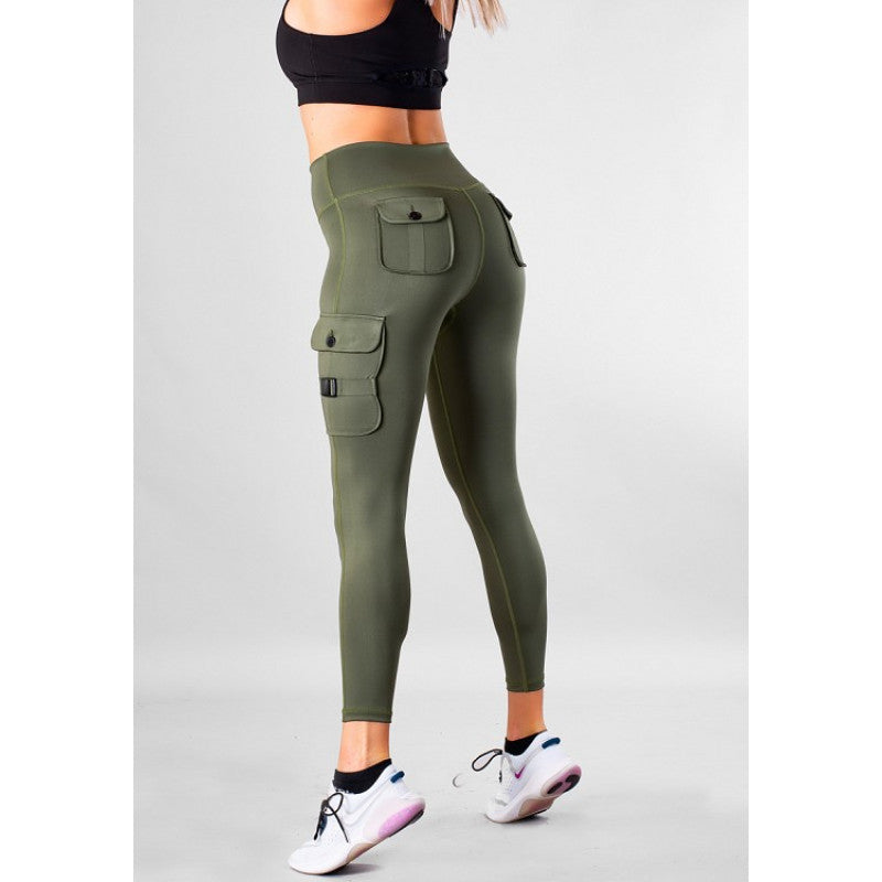 SHAPELAB Cargo Green Casual Tights – High Waist, 4-Way Stretch, Antimicrobial Women’s Leggings with Pockets
