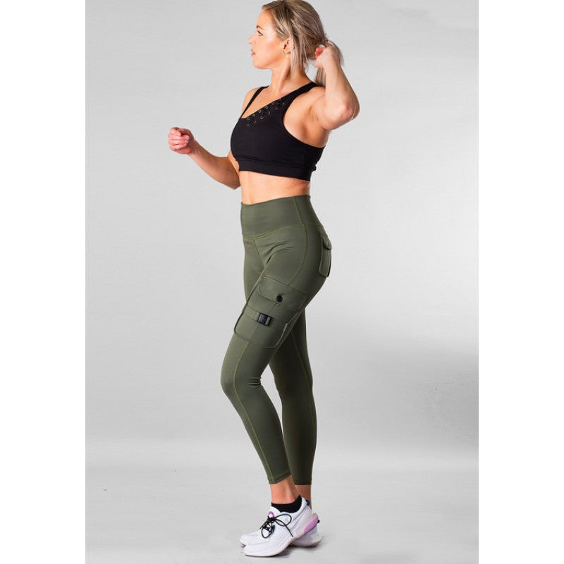 SHAPELAB Cargo Green Casual Tights – High Waist, 4-Way Stretch, Antimicrobial Women’s Leggings with Pockets