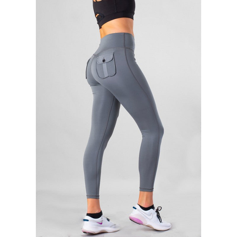 SHAPELAB Cargo Grey Casual Tights – High Waist, 4-Way Stretch, Antimicrobial Women’s Leggings with Pockets