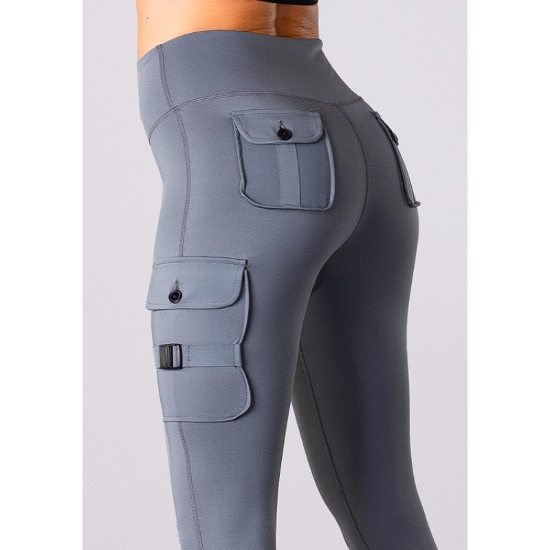 SHAPELAB Cargo Grey Casual Tights – High Waist, 4-Way Stretch, Antimicrobial Women’s Leggings with Pockets