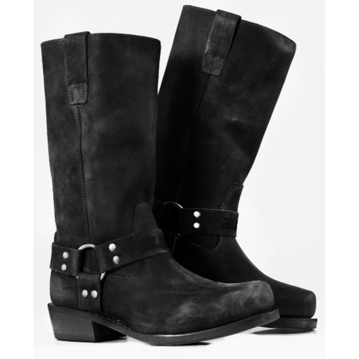 Men’s Vintage Harness Leather Chopper Boots – Black Crazy Full Grain Leather, Natural Lining, Rubber Welt Sole, Silver Rings & Rivets, All-Day Comfort