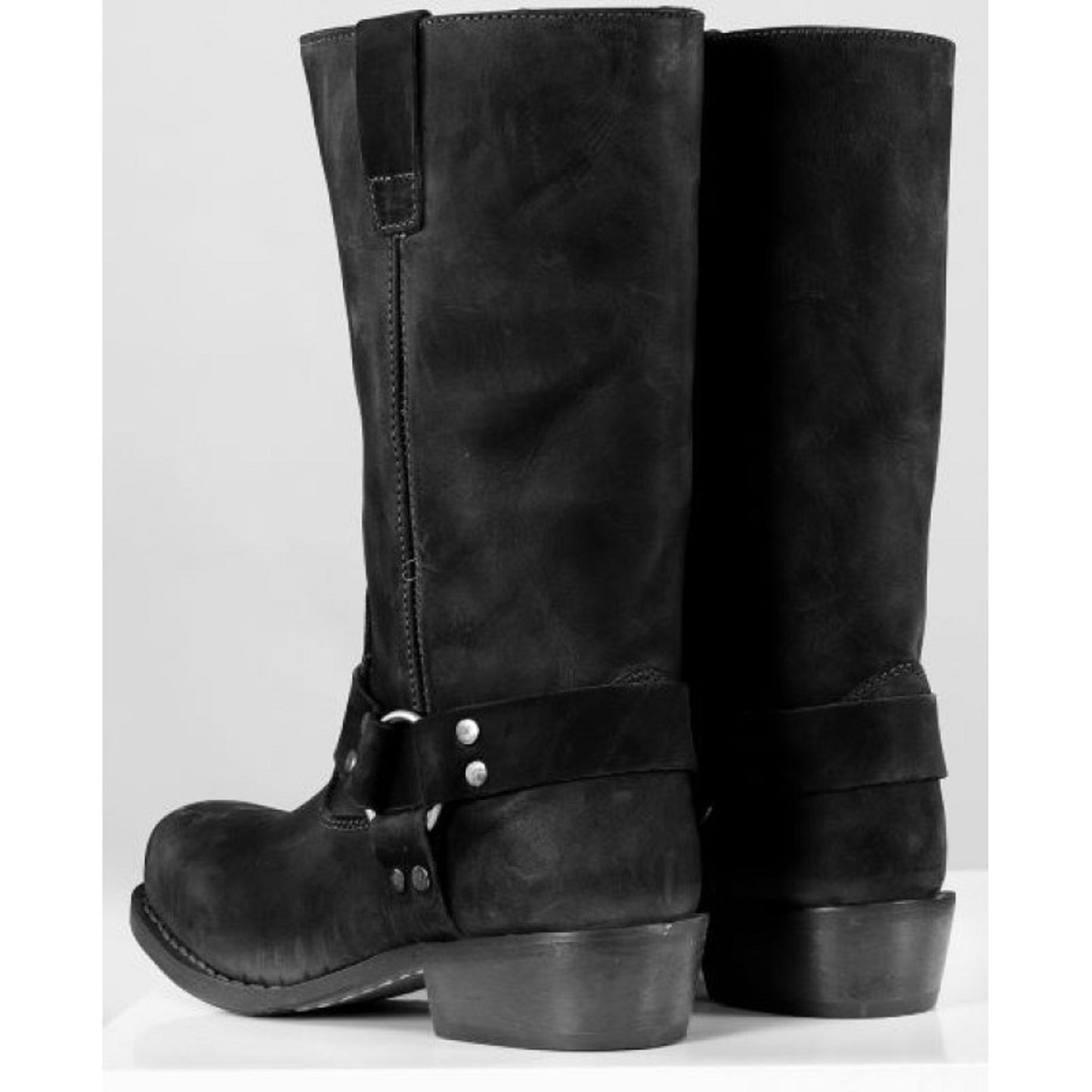 Men’s Vintage Harness Leather Chopper Boots – Black Crazy Full Grain Leather, Natural Lining, Rubber Welt Sole, Silver Rings & Rivets, All-Day Comfort