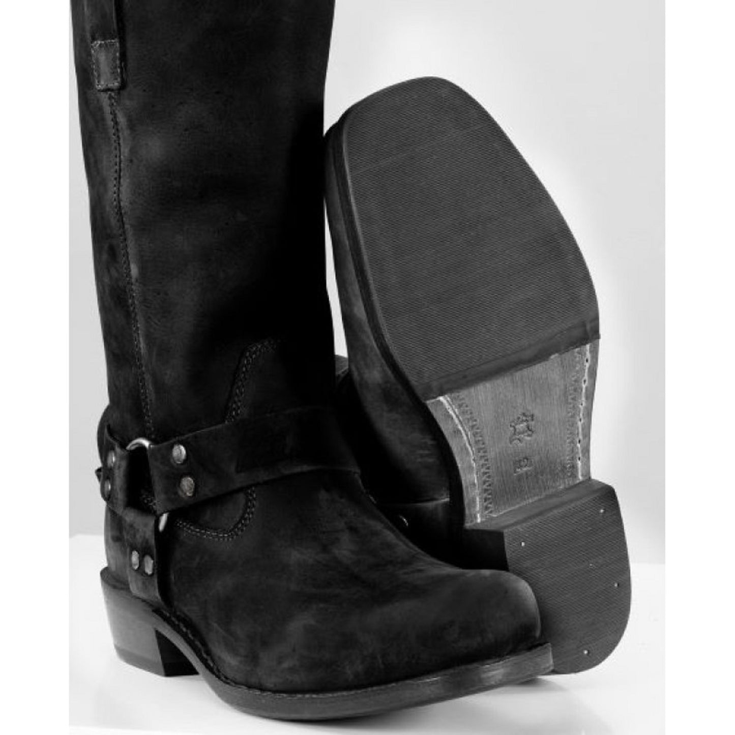 Men’s Vintage Harness Leather Chopper Boots – Black Crazy Full Grain Leather, Natural Lining, Rubber Welt Sole, Silver Rings & Rivets, All-Day Comfort