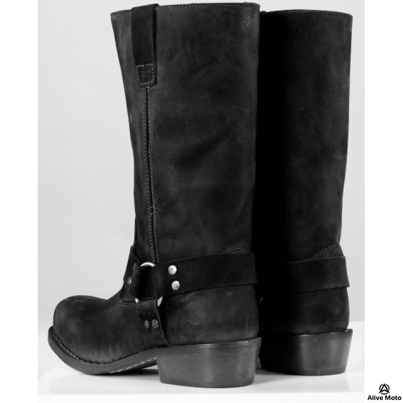 Men’s Vintage Black Chopper Boots – Natural Leather, Urban Series, Classic Harness Design