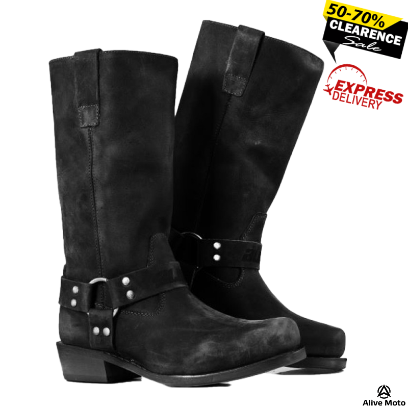 Men’s Vintage Black Chopper Boots – Natural Leather, Urban Series, Classic Harness Design