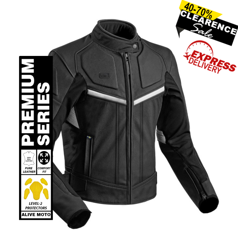 Black Leather Motorcycle Jacket – Armored & Reflective Design