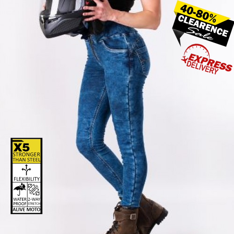 Lady Dirty Blue Motorcycle Denim Leggings – CE Level 2 Armor, Kevlar® Lined, Water-Repellent, Stretch Slim Fit Riding Pants, Sizes XXS–6XL