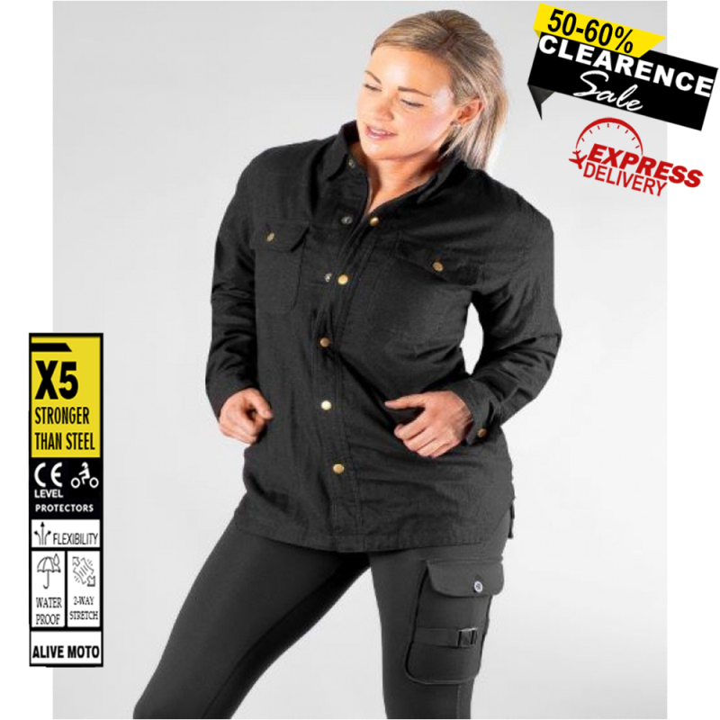 Women’s Black Flannel Motorcycle Shirt with DuPont™ Kevlar® – CE Certified EN 17092-4:2020 – Waterproof, Armoured, All-Weather Riding Shirt (XXS–6XL)