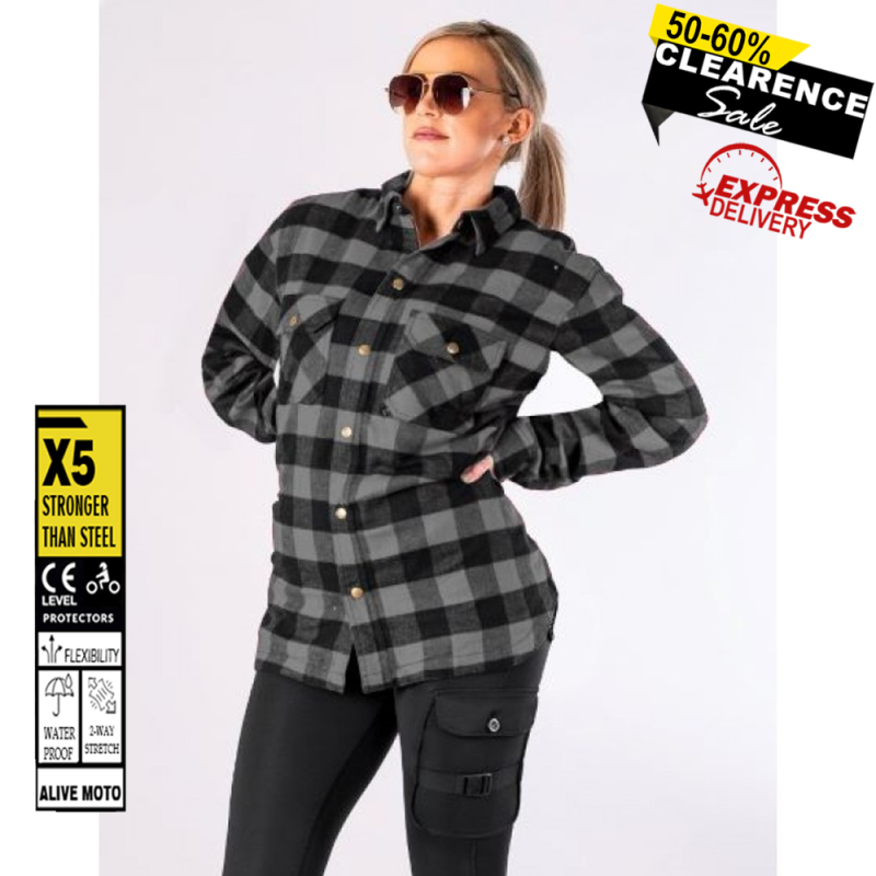 Women’s Grey Flannel Motorcycle Shirt with DuPont™ Kevlar® – CE Certified EN 17092-4:2020 – Armoured, Water-Repellent, Casual Riding Shirt (XXS–6XL)