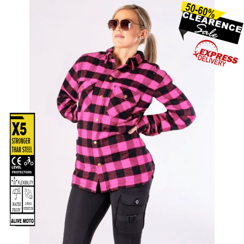 Women’s Pink Flannel Motorcycle Shirt with DuPont™ Kevlar® – CE Certified EN 17092-4:2020 – Armoured, Water-Repellent, All-Weather Riding Shirt (XXS–6XL)