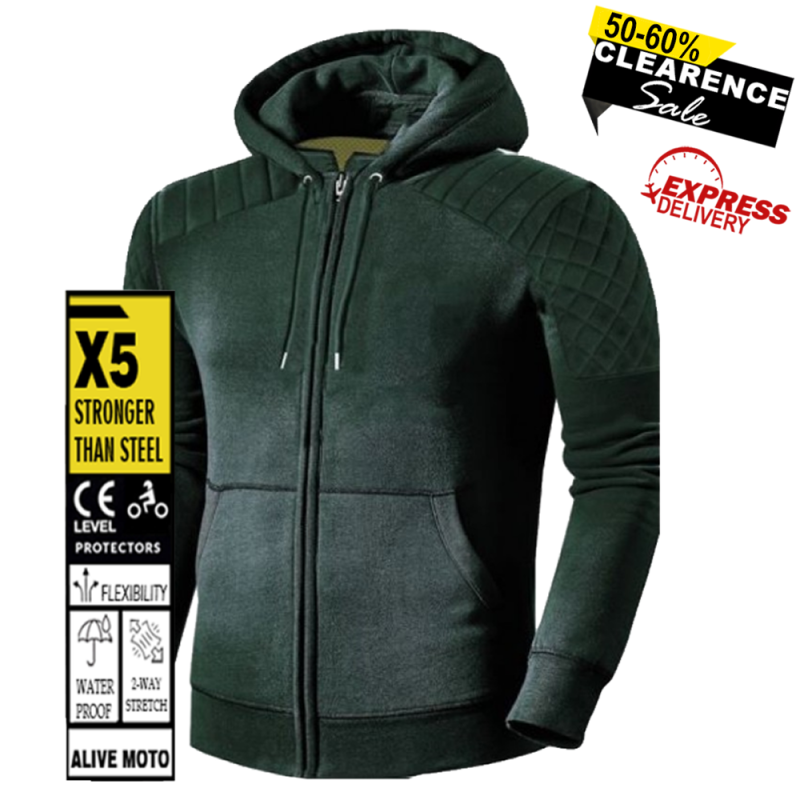 Premium Lady Classic Army Green Motorcycle Hoodie – CE Level 2 Armor, Kevlar® Lined, Waterproof, Urban Fit Riding Sweater, Sizes XXS–6XL