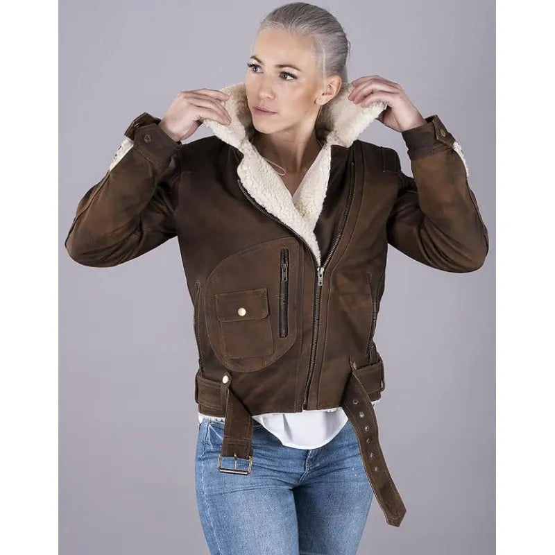 Lady Aviator Brown Nubuck Shearling Jacket – Alive Moto FJ-92-023, Premium Lambskin, Fur Lining, Classic Fit, Winter Essential