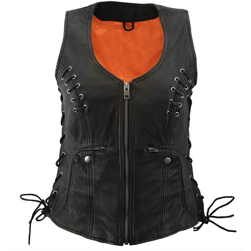 Lady Biker Retro Leather Vest Premium Cowhide, Patch Ready Back, Ideal for Biker Clubs & Riders
