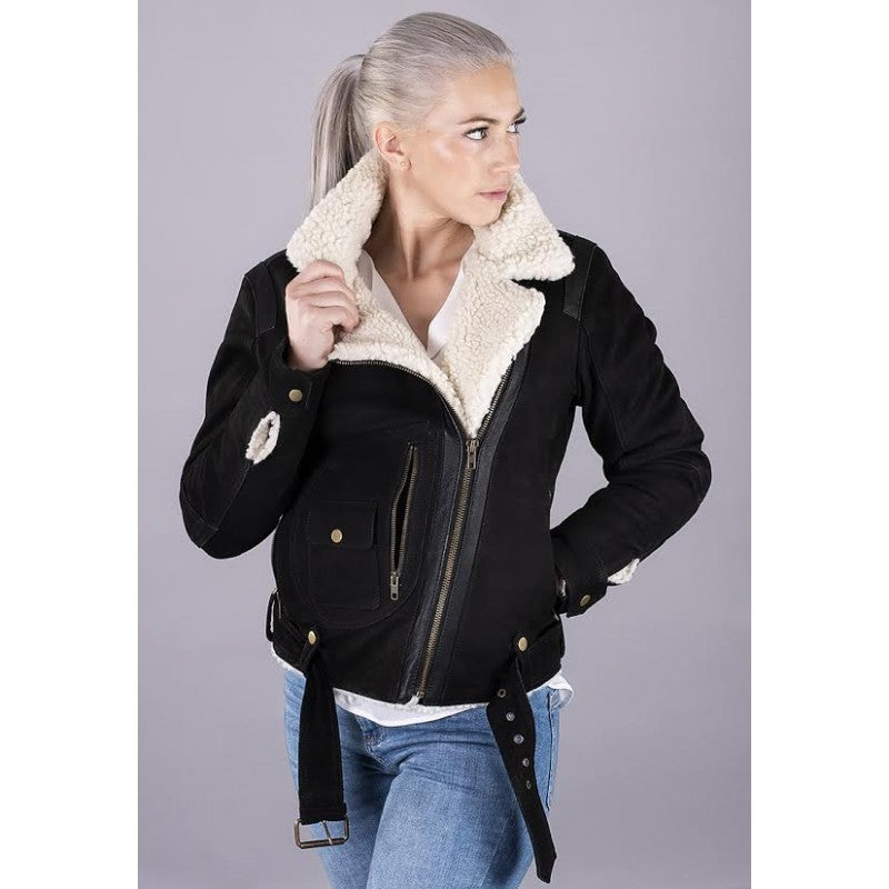 Lady Aviator Black Nubuck Shearling Jacket – Premium Lambskin, Warm Shearling Lining, Classic Fit, Winter Essential