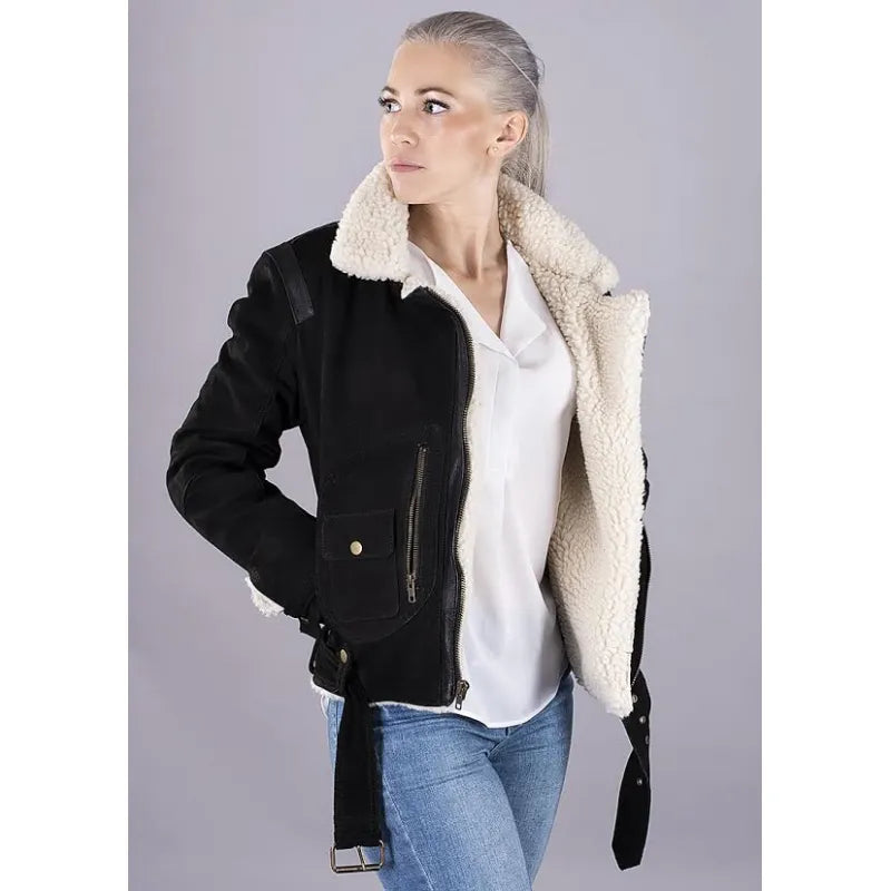 Lady Aviator Black Nubuck Shearling Jacket – Premium Lambskin, Warm Shearling Lining, Classic Fit, Winter Essential