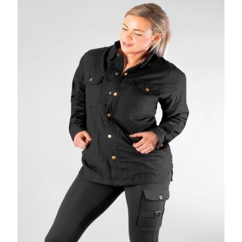 Women’s Black Flannel Motorcycle Shirt with DuPont™ Kevlar® – CE Certified EN 17092-4:2020 – Waterproof, Armoured, All-Weather Riding Shirt (XXS–6XL)