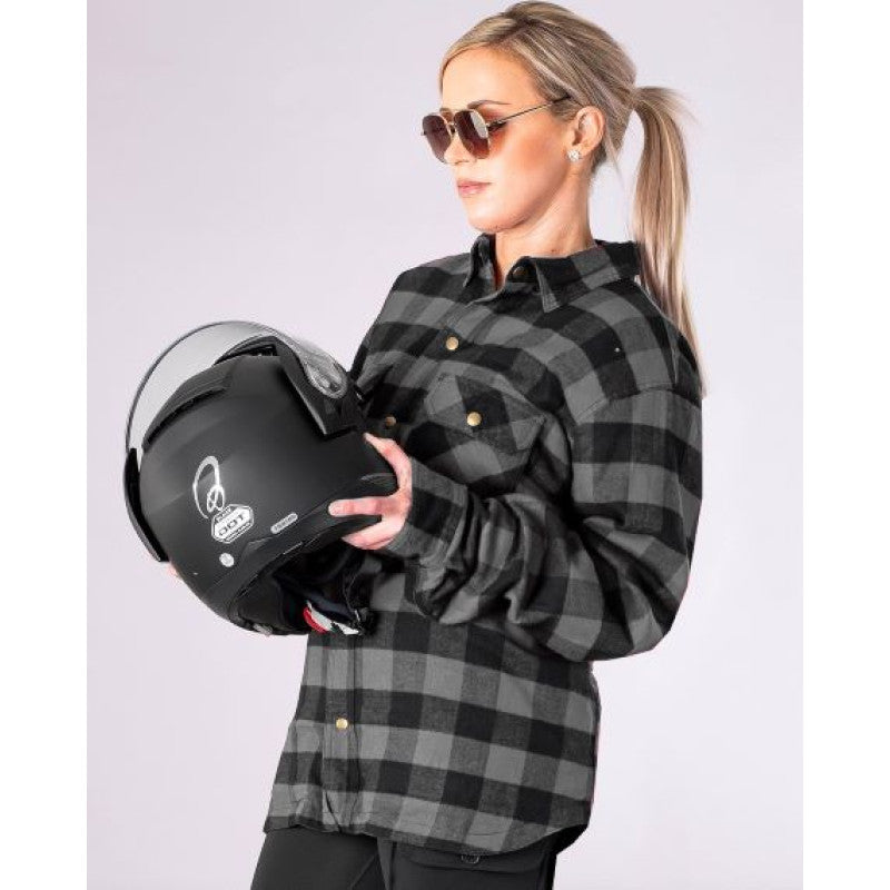 Women’s Grey Flannel Motorcycle Shirt with DuPont™ Kevlar® – CE Certified EN 17092-4:2020 – Armoured, Water-Repellent, Casual Riding Shirt (XXS–6XL)